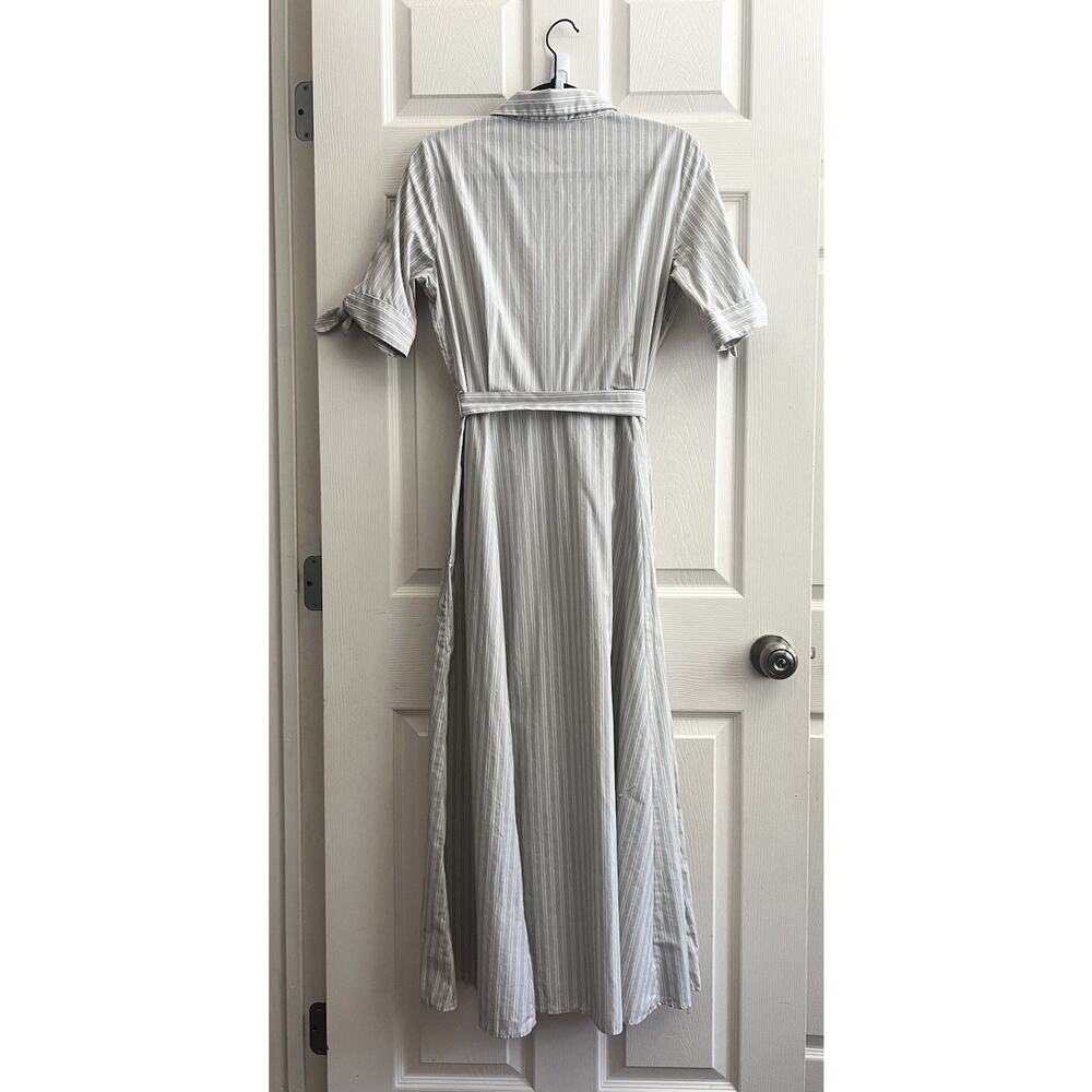 CALVIN KLEIN Gray Striped Button Front Tie Waist Shirt Maxi Dress - Picture 8 of 14